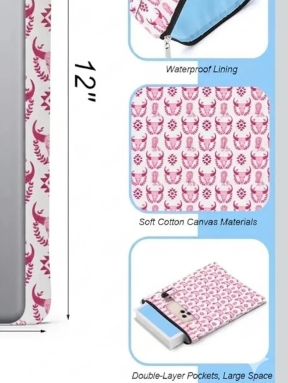 Western Chic Bull Padded Book Sleeve Cover Pouch Tablet Case NWT Book Lover Gift